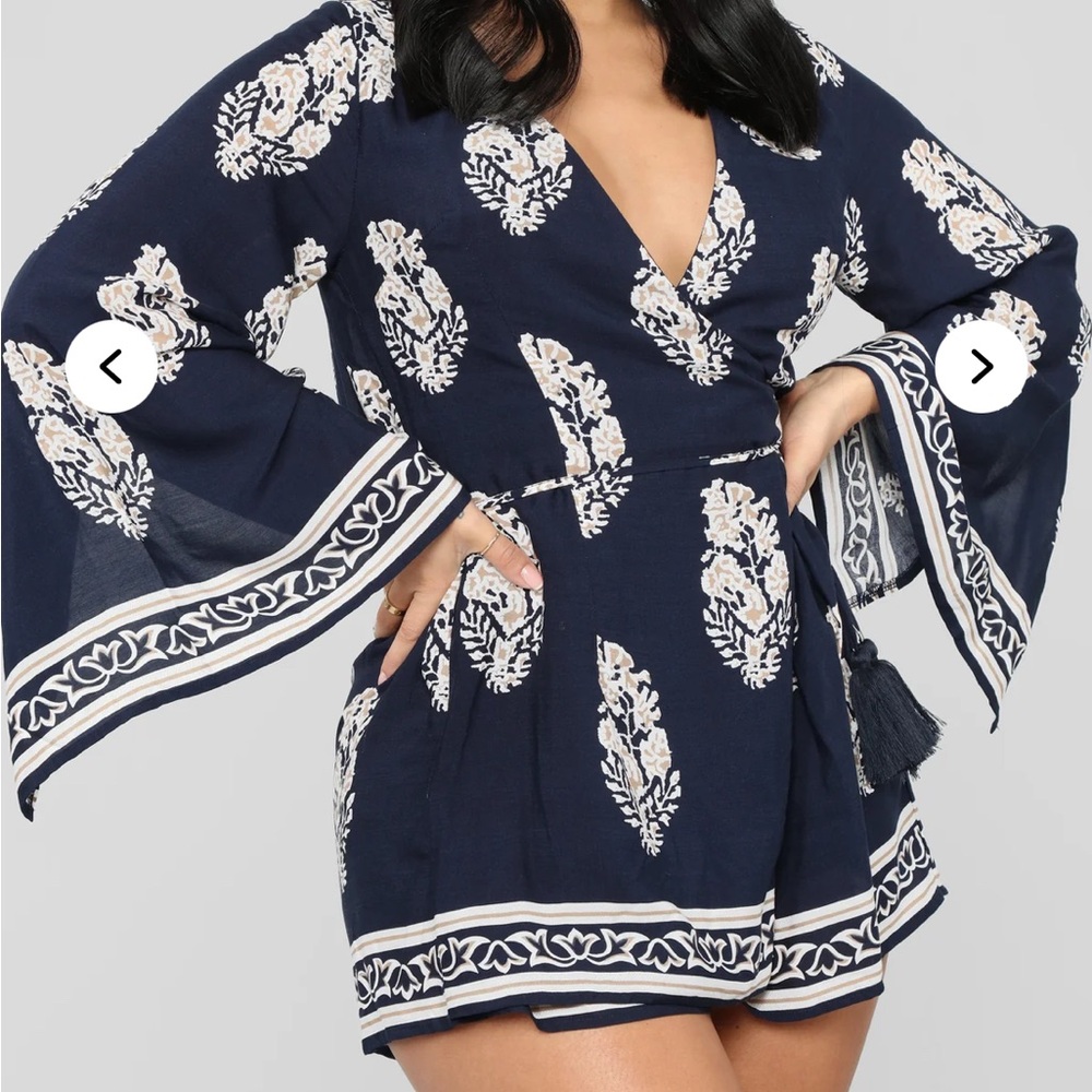 Navy and White Floral Wrap Romper